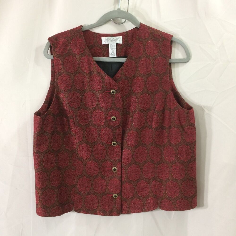 1990s Lord & Taylor Vintage Red Brocade Vest Size Large Metallic Tapestry Lined